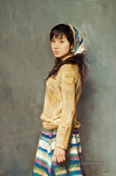 chicas chinas Painting - niña china mirando hacia atrás